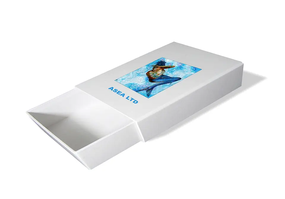 Boîte Asea fourreau avec sachet coulissant (type boîte d’allumettes) contrecollée rembordée d’un papier couché