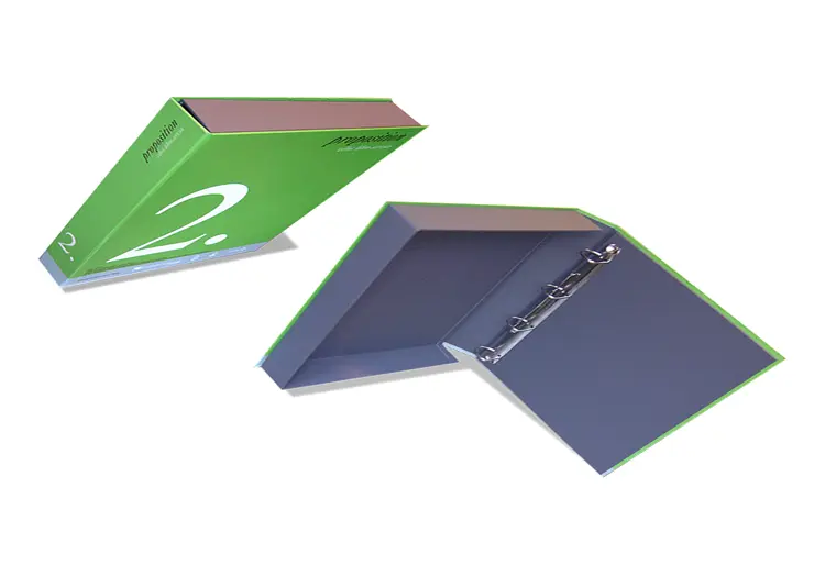 Coffret avec reliure support carton 24/10 rembordé d’imprimé numérique avec pelliculage mat boitage en page 2 intérieur en balacron gris mécanique a 4 anneaux pour dos 40mm